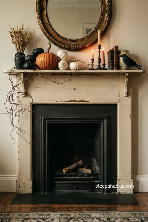 Halloween mantle ideas with subtle burnt orange accents and neutral decor 