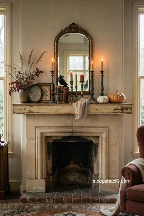 Halloween mantle ideas with vintage pumpkins candles and cozy gothic decor