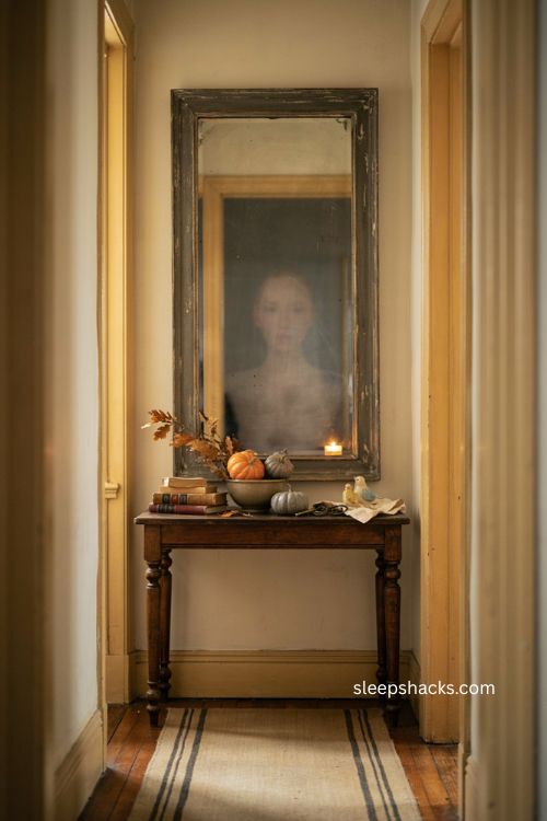 Halloween mirror with vintage frame ghostly reflection and cozy eerie hallway decor