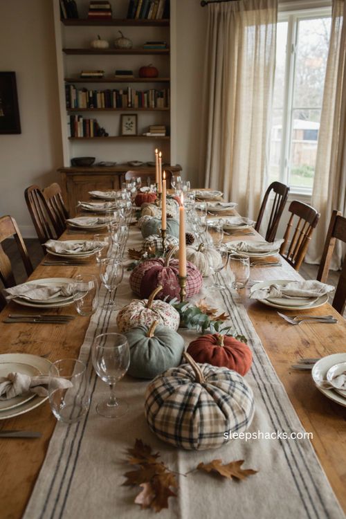 Halloween table centerpieces with handmade fabric pumpkins and seasonal greenery 