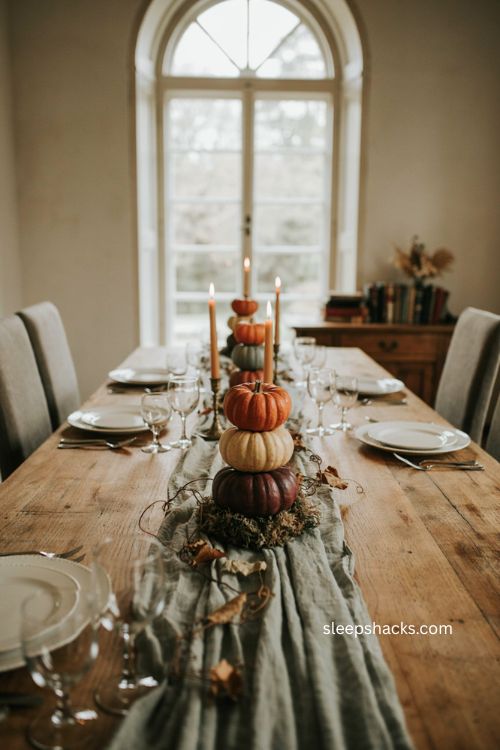 Halloween table centerpieces with stacked mini pumpkin topiaries and Spanish moss 