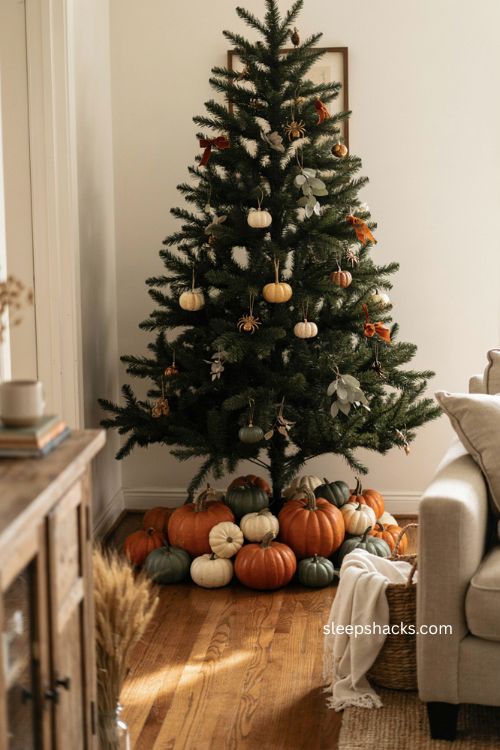 Halloween tree base surrounded by orange white and deep green faux pumpkins 