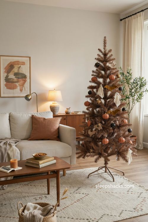Halloween tree coordinated with midcentury modern living room decor and vintage furniture 