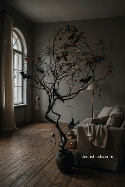 Halloween tree with black branches orange lights and skeleton hand ornaments 