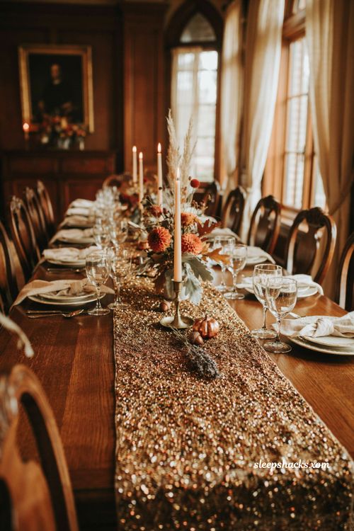 Hand beaded Thanksgiving table runner in amber copper and gold