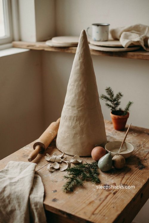 Hand built slab cone tree handmade pottery christmas tree with rustic clay texture