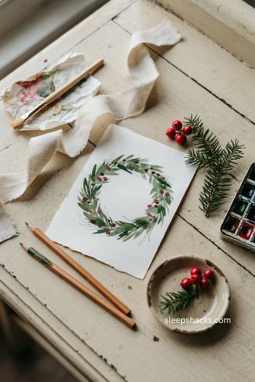 Hand drawn watercolor Christmas wreath card with rustic paper and red berries 