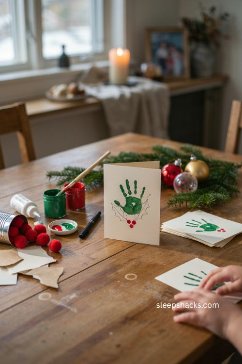 Hand holly Christmas card for kids with green handprint leaf red berries and easy handmade holiday craft 