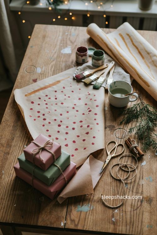 Hand painted Christmas wrapping paper ideas with kraft paper and handmade patterns 