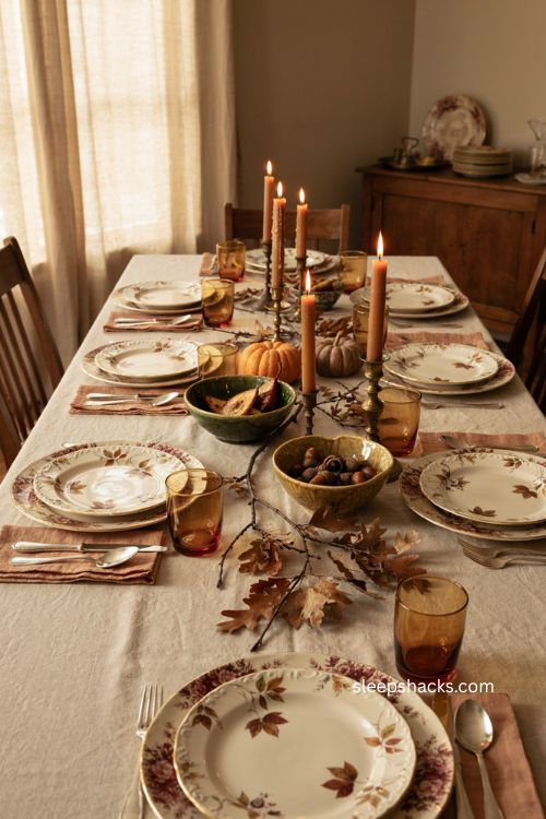 Hand painted turkey plates on a vintage thanksgiving tablescape with autumn leaves