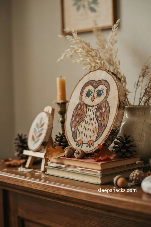 Hand painted wood slice owl with rustic books for cozy fall mantel decor 