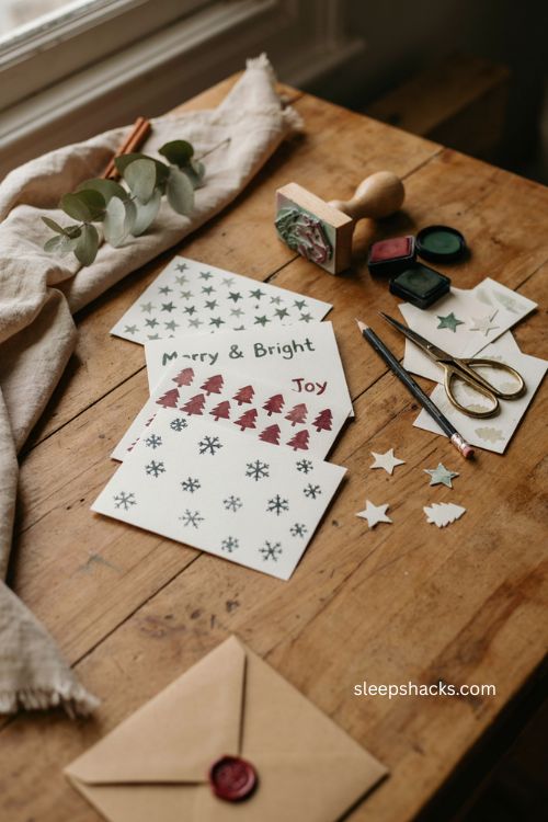 Hand stamped Christmas cards with handmade holiday stamps and cozy rustic craft supplies 