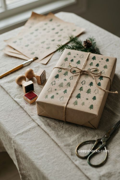 Hand stamped craft paper Christmas gift wrapping with simple holiday designs 