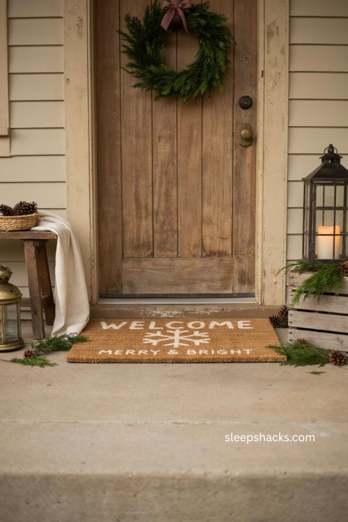 Hand stenciled doormat for budget friendly Christmas porch decor 