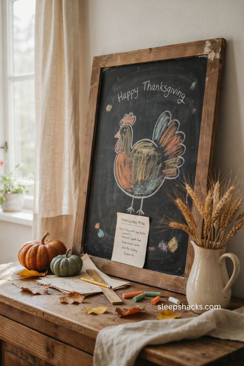 Hand traced turkey Thanksgiving chalkboard with rustic farmhouse decor and DIY fall art 