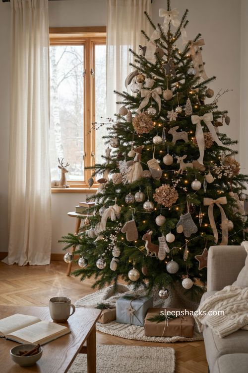 Handcrafted Christmas tree with knitted felt ornaments and luxury glass baubles 
