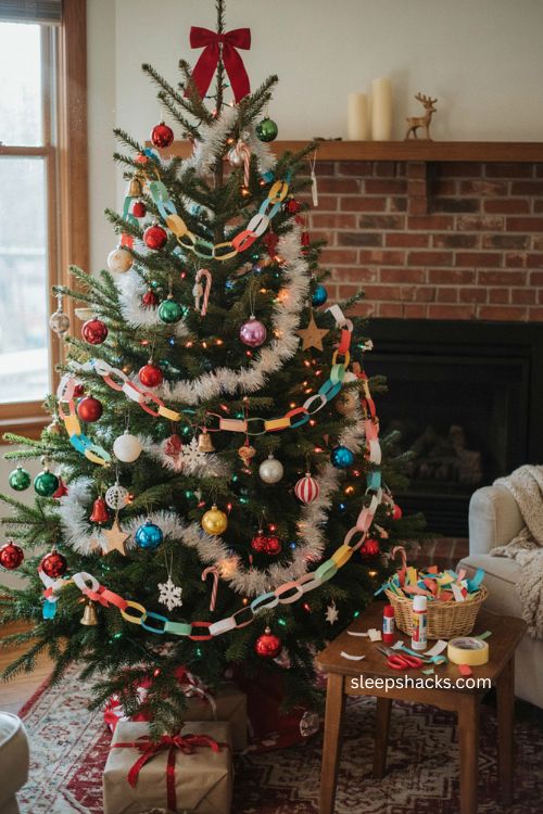Handmade 90s christmas tree with colorful paper chain garland 