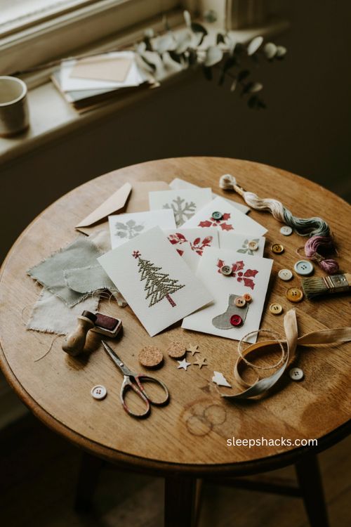 Handmade Christmas card ideas with rustic craft supplies and cozy vintage holiday charm