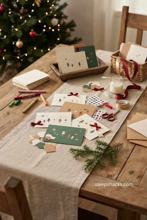 Handmade Christmas cards with cardstock markers stickers and cozy holiday craft decor