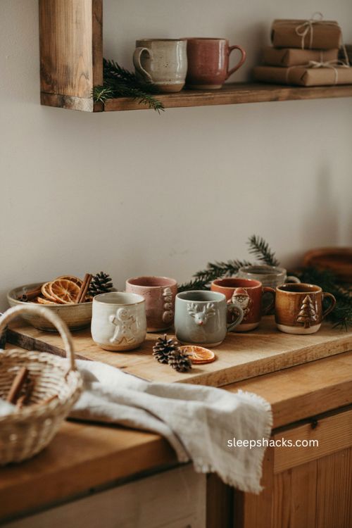 Handmade Christmas ceramic mugs with gingerbread figurine handles and artisanal holiday details 