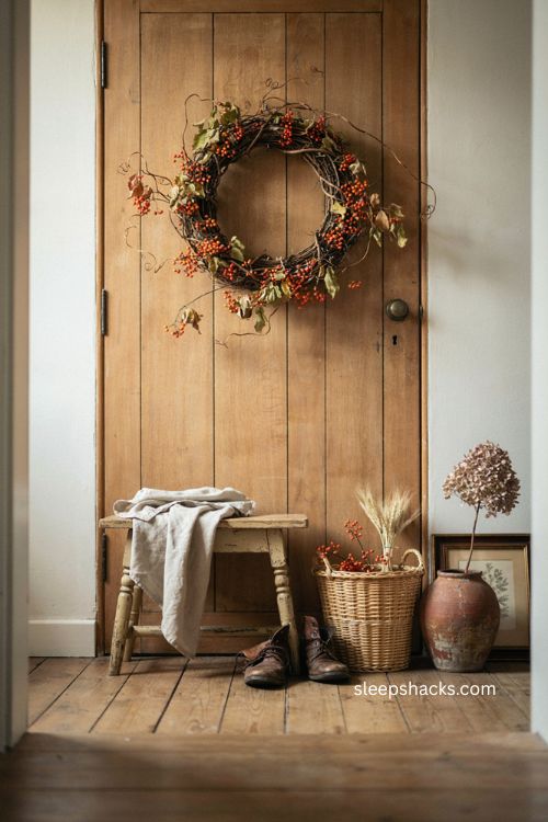 Handmade bittersweet vine fall thanksgiving wreath with orange red berries on a wooden door 