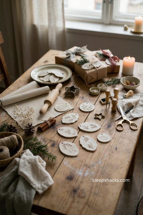 Handmade clay Christmas gift tags with twine and rustic wrapped presents