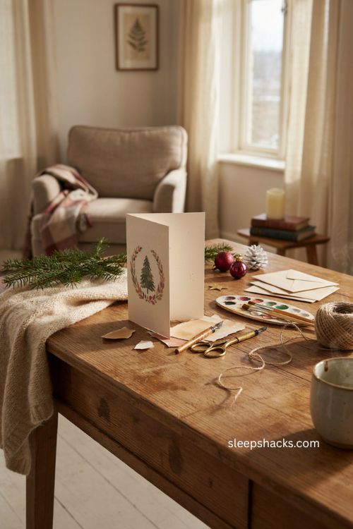 Handmade craft Christmas card for boyfriend with paper tree watercolor wreath and cozy holiday card making setup 