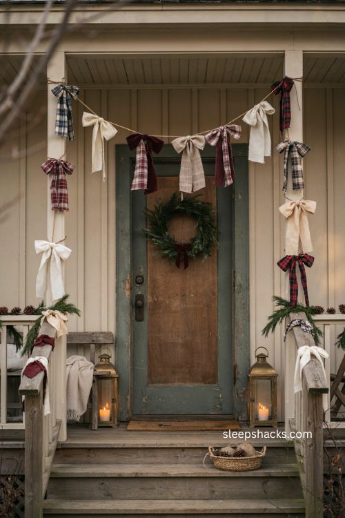 Handmade fabric bow garland for cozy Christmas porch decor 