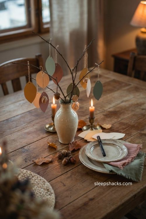 Handmade gratitude tree with colorful paper leaves for fall table decor 
