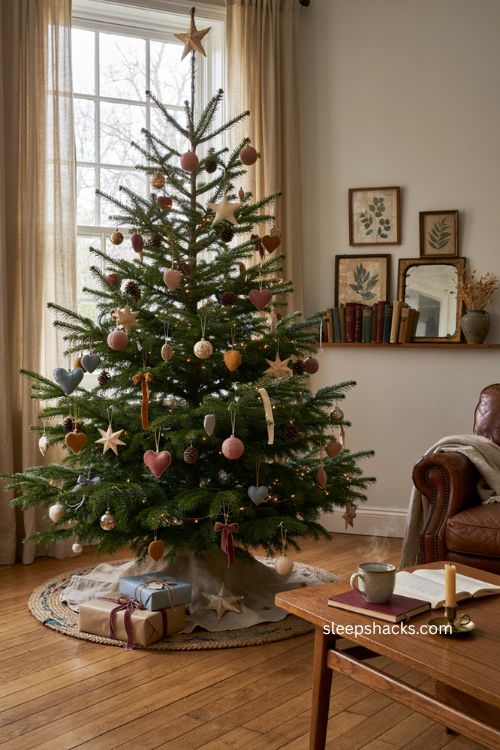 Handmade looking Christmas tree with felt embroidered paper and clay ornaments 
