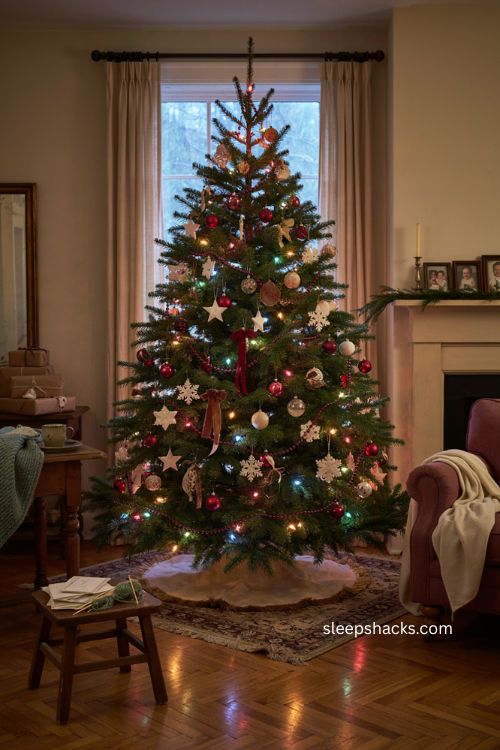 Handmade ornaments with warm multicolor Christmas tree lights