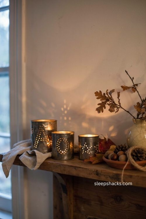 Handmade punched tin can votives with warm candlelight for fall decor 