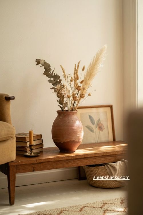 Handmade vintage vase with dried flowers on a cozy living room console 