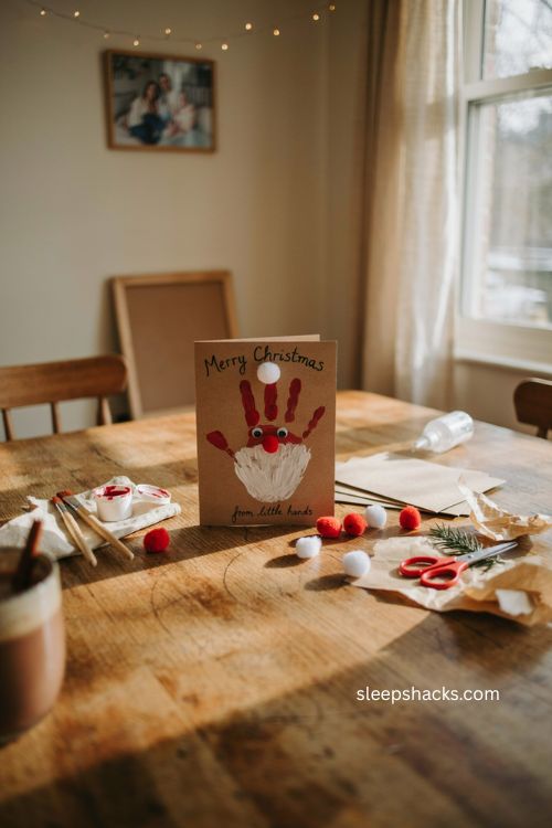 Handprint Santa Christmas card for kids with red white painted handprint googly eyes and pom pom details 