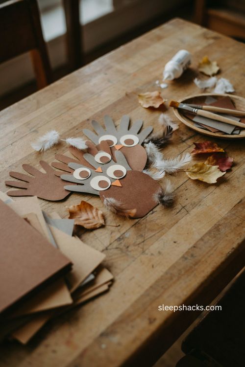 Handprint owl craft for toddlers with paper eyes and fall feathers 