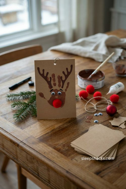 Handprint reindeer Christmas card for kids with brown handprint antlers red pom pom nose and cozy holiday craft setup 