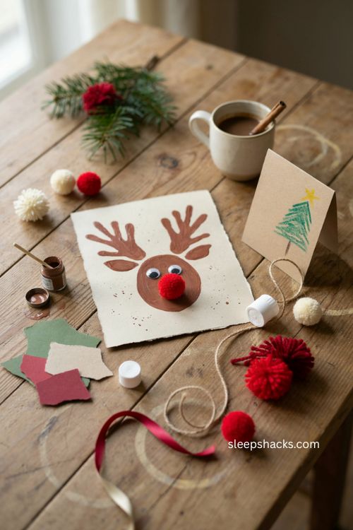 Handprint reindeer keepsake Christmas craft with brown handprint and red pom pom nose 