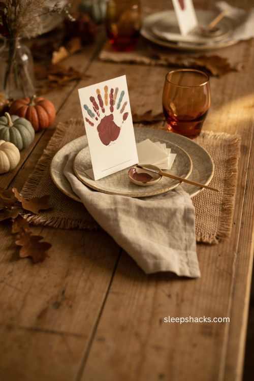 Handprint turkey table card craft for baby's first Thanksgiving