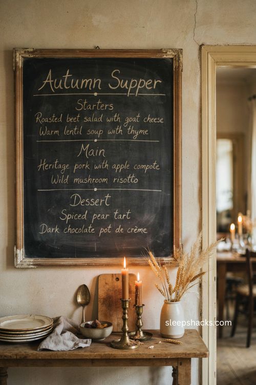Handwritten autumn supper menu chalkboard for cozy dining room decor 
