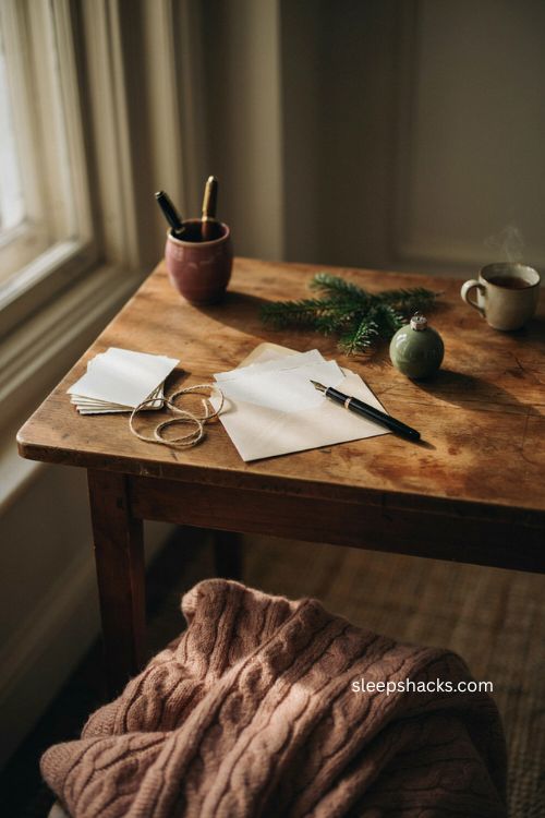 Handwritten letter Christmas card for boyfriend with folded stationery and cozy romantic writing corner 