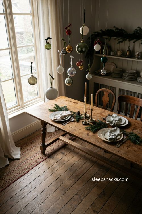 Hanging Christmas ornaments above dining table 