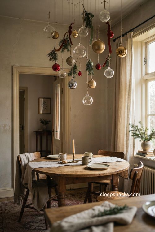 Hanging Christmas ornaments from ceiling above dining table