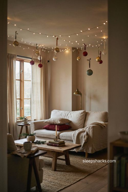 Hanging Christmas ornaments with warm white lights 