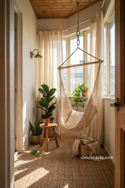 Hanging hammock chair for cozy closed balcony with tropical plants and woven textures