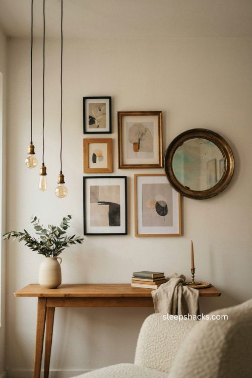 Hanging pendant bulbs beside living room wall art for cozy layered lighting 