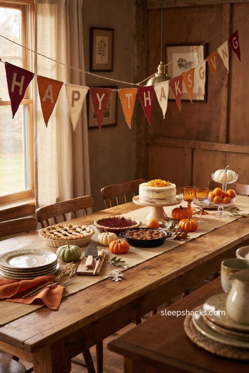 Happy Thanksgiving pennant banner in warm autumn colors over a cozy Friendsgiving dessert table
