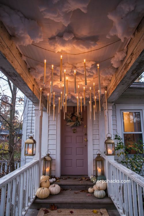 Harry Potter style floating candle ceiling with glowing clouds for Halloween porch decor 