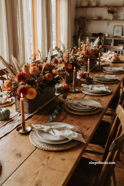 Harvest box centerpiece with fall flowers eucalyptus and rustic Thanksgiving table decor