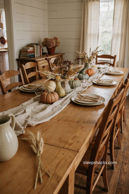 Harvest centerpiece with pumpkins gourds dried flowers and wheat for a fall table 