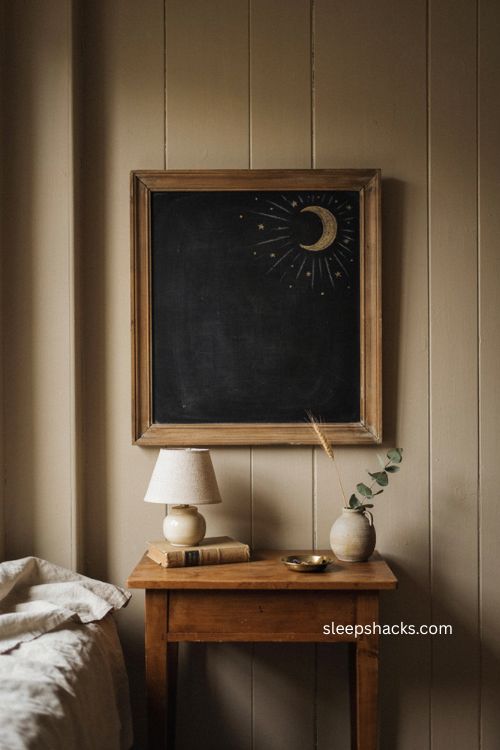 Harvest moon chalkboard accent for a cozy autumn bedroom 